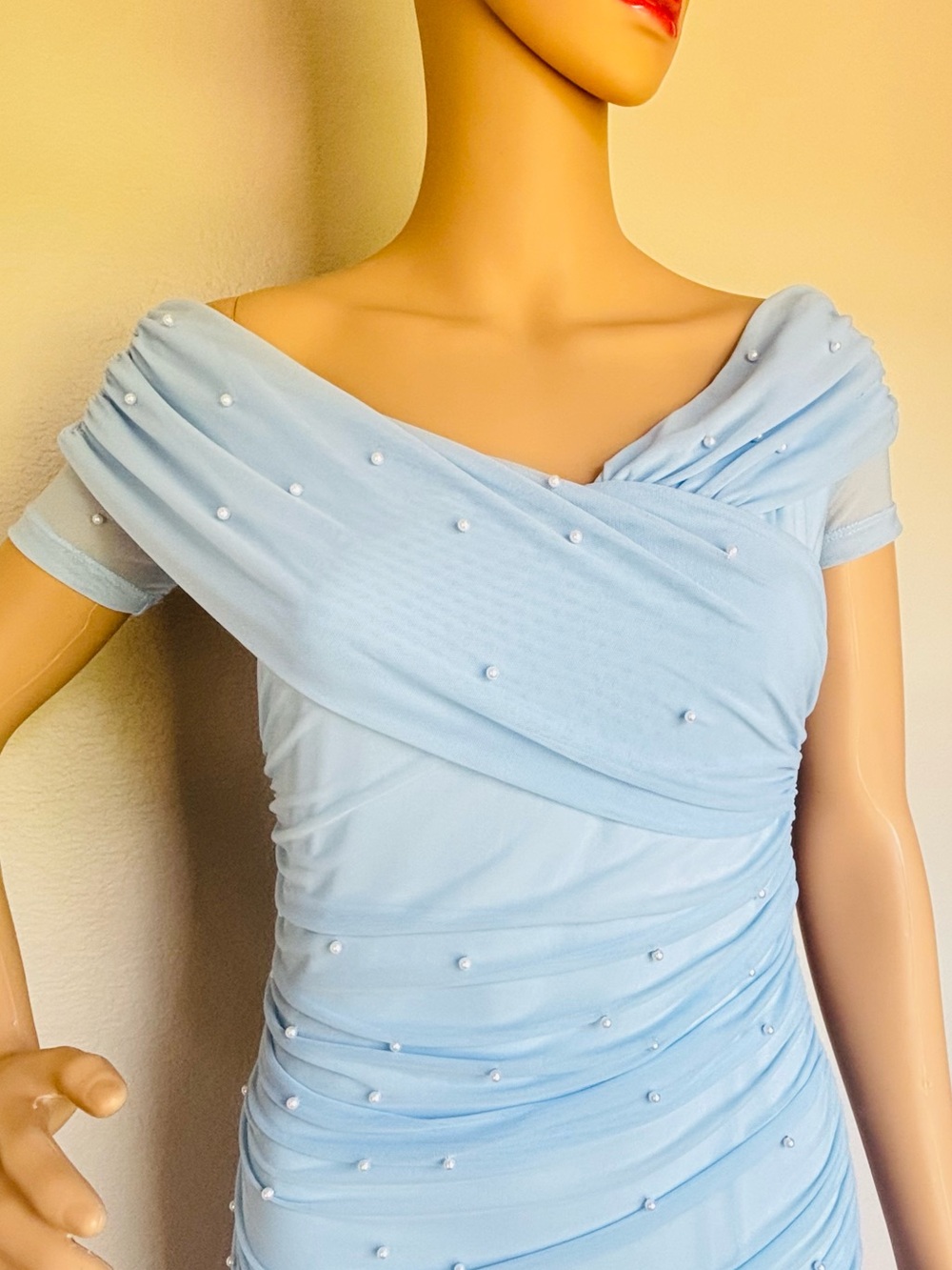 SHEIN Light Blue Pearl-Embellished Open Shoulder beaded Bodycon Dress - Picture 5 of 15